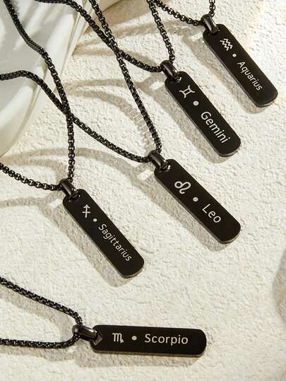 Stainless Steel Twelve Constellation Pendant Necklace, Black Stainless Steel Bar Pendant With Astrology Symbol, Personalized Horoscope Jewelry For Men
