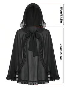 Selendang Jala Berkerudung Ruffle Gaya Gothic Gelap untuk Wanita, Jubah Pendek Lolita Bertali untuk Halloween, Pakaian Luar Vampir - Hitam - View 5