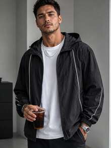 1pc Men's Black Pleated Textured Hooded Zip-Up Jacket, Lightweight Breathable Comfortable Minimalist Vintage Style Men's Outerwear, Machine Washable & Dry Cleanable, Wrinkle-Resistant, Casual Wear - Black - View 1