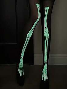 3pairs/1pair Halloween Glow-In-The-Dark Skeleton Tights – Luminous, Fluorescent Bone-Print Hosiery; Perfect For Halloween Parties, Costume Balls, And Horror-Themed Events. - One Size Fits All - View 2