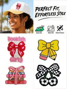 4/16pcs Book Lover Embroidered Iron-On Patch Set, Sweet Literary Girl Reading Slogan Applique, Bow Cherry Letter Block Flower Book Decorative Patch, Literary Atmosphere DIY Accessories, Suitable For Backpack Jacket Jeans Hat Clothing Repair, Back To School Season Gift DIY Hat Jacket Backpack Patch - Multicolor - View 9