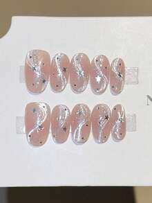 10 Peças Unhas Postiças Ovais Médias Feitas à Mão, Rosa Nude Transparente com Brilho Olho de Gato, Linhas Prateadas Fluídas & Lantejoulas de Estrela, Estilo Diário Suave e Sonhador Minimalista Estrelado - Rosa chiclete - Visão 1