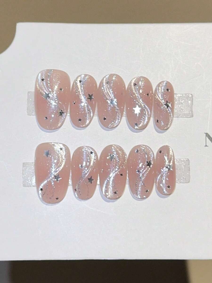 10 Peças Unhas Postiças Ovais Médias Feitas à Mão, Rosa Nude Transparente com Brilho Olho de Gato, Linhas Prateadas Fluídas & Lantejoulas de Estrela, Estilo Diário Suave e Sonhador Minimalista Estrelado - Rosa chiclete - Visão 1