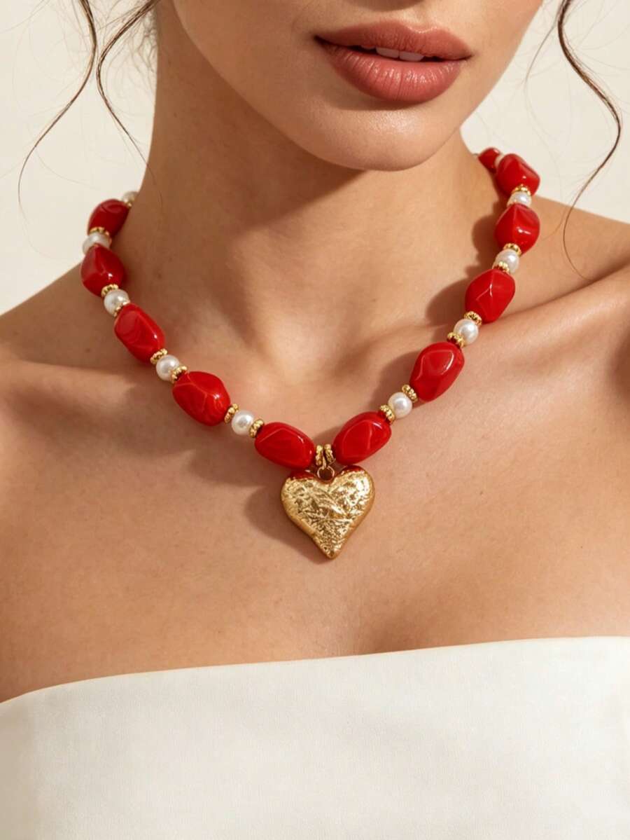 1pc Elegant Fashionable Gold Heart, Leopard Print Heart With Rhinestone Inlay, Multi-Color Plastic Heart Pendant Necklace, Faux Pearl Heart Beads, Faux Turquoise Beads, Asymmetrical Pattern Beads, Multiple Styles Available, Suitable For Daily Wear, Vacation, Party, Sexy Outfit Matching, Please Understand That Each Resin Bead Has An Injection Mold Inlet At The Bottom - Multicolor - View 1