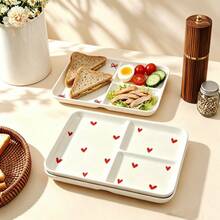 1pc 10in Cute Heart/Dots Pattern Ceramic Divided Plate, Large Rectangle 3 Compartment Portion Control Plates For Encourage Healthy Eating, Bariatric Dinner Plates For Balanced Meal Diet, Microwave Dishwasher Oven - Multicolor - View 7