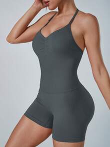 NcmRyu Women's 1pc Solid Color Halter V-Neck Adjustable Strap Ruched Front Open Back Ruched Butt Sports One-Piece Shorts - Dark Grey - View 8
