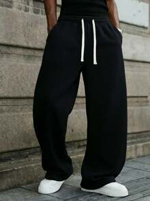 1pc Men's Casual Sports Pants, Loose Straight Leg Fit, Available In Multiple Colors. A Gift For Father Or Boyfriend Black - Black - View 3