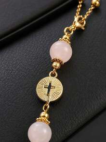 Pink Crystal Cross Car Rearview Mirror Hanging Ornament, Bohemian Handmade Sun Catcher With Gold Chain And Natural Stone Beads, Elegant Spiritual Protection Amulet, Suitable For Various Car Interior Decoration - Cross Pendant - View 5
