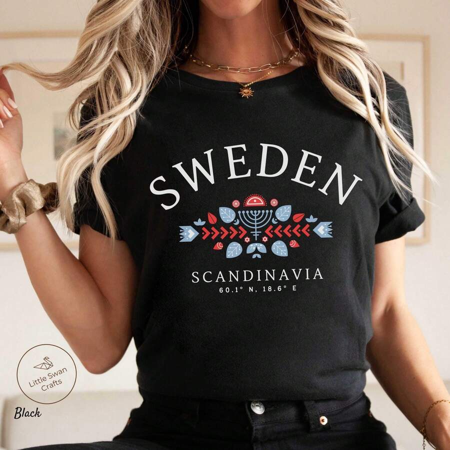 T-shirt Suède Art populaire scandinave T-shirt unisexe Y2k - Noir - Voir 1
