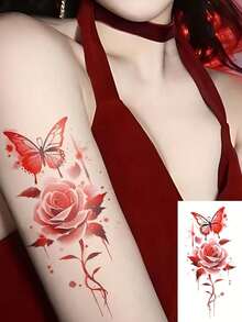 1 Sheet Red Flower And Butterfly Patterns Body Art Temporary Tattoo Sticker, Suitable For Men And Women, Lasting 2-5 Days, Suitable For Use On Arms, Wrists, Shoulders, Legs, Neck, Hands, Chest, Thighs, Fingers, Ankles, Suitable For Parties, Gifts - Red - View 11