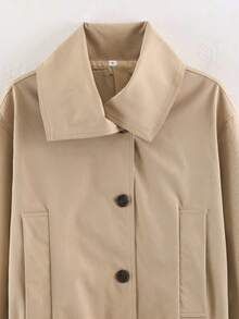 Jaket Kemeja Wanita Warna Khaki dengan Sabuk, Jaket Musim Gugur Ringan Berkerah Ukuran Besar - Khaki - View 9