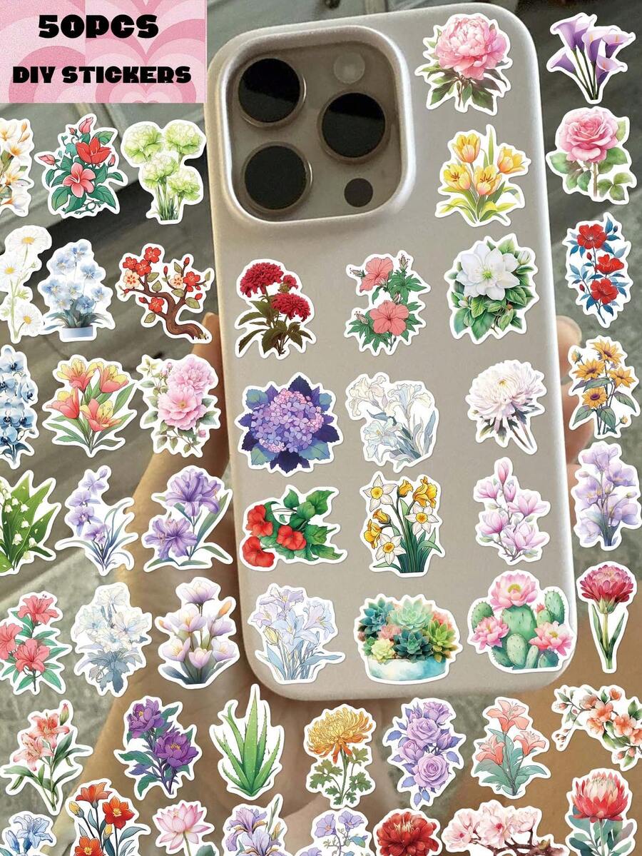 50 pezzi,Adesivi per telefono cellulare con illustrazione floreale,Materiale in PVC,Design creativo ed estetico,Adatti per custodie di telefoni cellulari,Tablet,Laptop,Valigie,Auto,Quaderni,Diari scritti a mano e altri articoli di cancelleria scolastica - 1 confezione/50 pezzi - Visualizzare 1