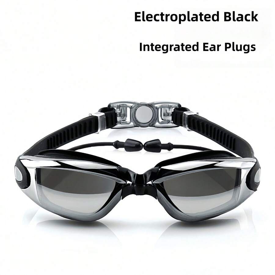 1pc Electroplated Black High Definition Anti-Fog Swim Goggles, Built-In Earplugs Waterproof Swimming Goggles For Adults - Multicolor - View 1
