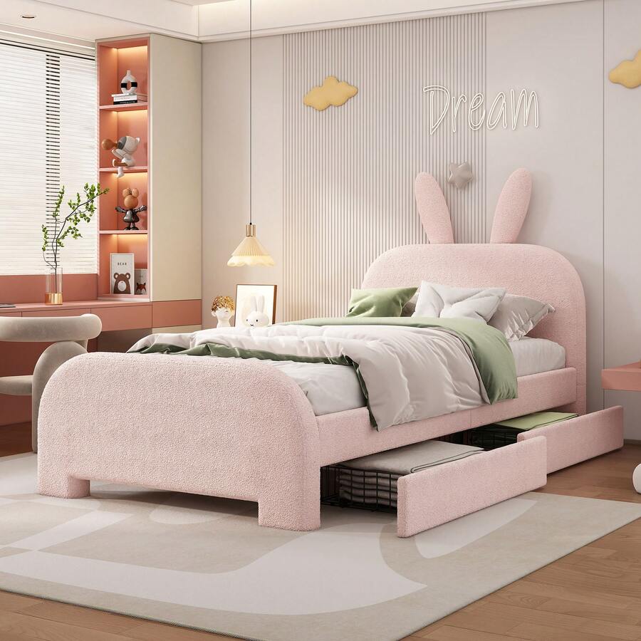 Bed Frame Kids Rabbit White 90x200cm With Drawers - 粉色 - 查看 1