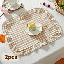 1pc/2pcs/6pcs Korean Style Plaid Placemats, Sweet Princess Style Candy Color Plaid Tablecloth With Ruffle Edge, Cute Food Plate Heat-Insulating Background Mat - Multicolor - View 14