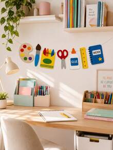1pc-Back To School Art Garland Banner, Paint Palette Brush Crayon Scissors Glue Bottle Ruler Sketchbook Cutout Hanging Sign, Foldable Lightweight Wall Decor For Art Classroom Library Study Office First Day School Indoor Party Wall Decoration - J - View 4