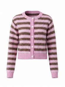 Women's Pink Striped Button-Front Long Sleeve Cardigan - Pink - View 9