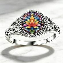 Vintage Style Mandala Lotus 2D Pattern Women's Fashion Ring, Carved Texture Hypoallergenic Skin-Friendly Jewelry, Suitable For Daily Wear - Ring - View 4