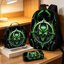 3Pcs Green Cyber Mecha Robot Print Backpack Combo, Waterproof Large Capacity Student School Bag + Insulated Lunch Tote Bag + Pencil Pouch, Lightweight - Multicolor - View 6