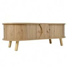 Pea-Shaped Coffee Table With Grooved Design, 2 Sliding Doors, Living Room Table, Wood Look, Solid Wood Legs, MDF Material - Natural Color - View 9
