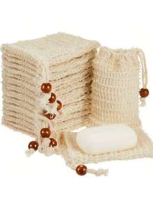 30/10/5pcs Natural Beaded Foam Exfoliating Soap Bag, Dual-Use For Wet And Dry, Reusable, Suitable For All Skin Types, Formaldehyde-Free, Light Beige, For Shower, Bath And Skincare Routine, Minimalist Drawstring Sealed Bathroom Accessory - View 1