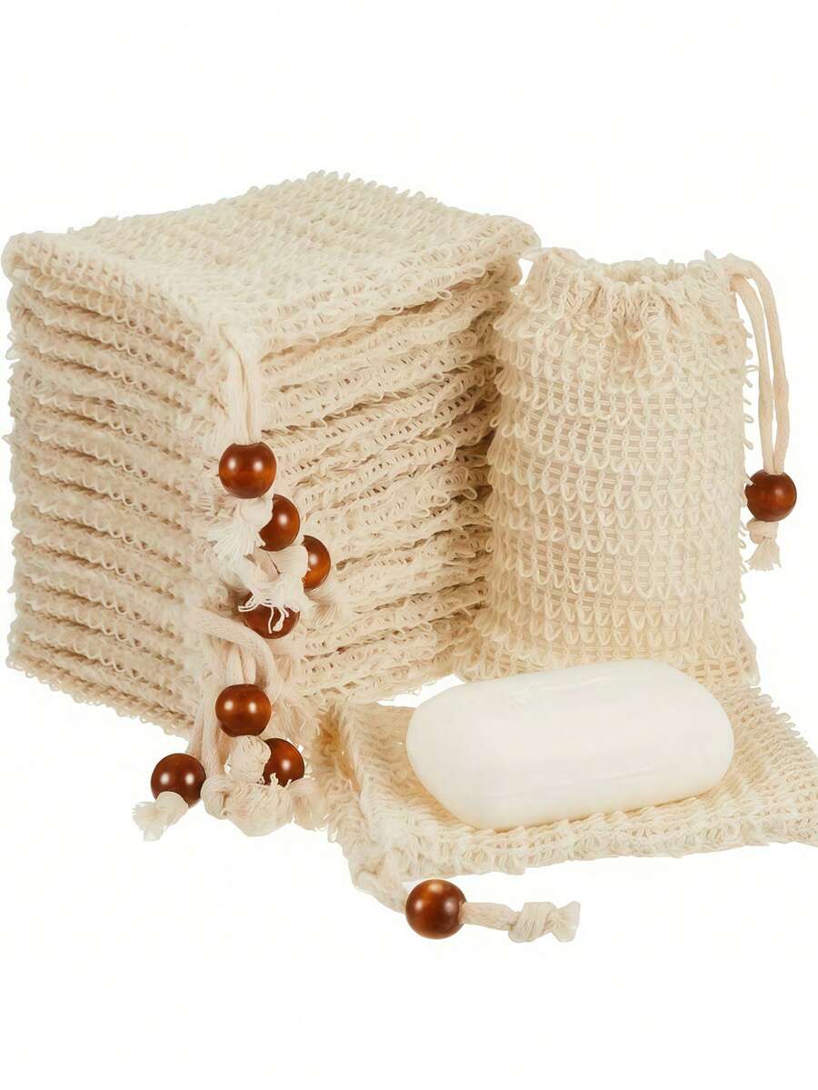 30/10/5pcs Natural Beaded Foam Exfoliating Soap Bag, Dual-Use For Wet And Dry, Reusable, Suitable For All Skin Types, Formaldehyde-Free, Light Beige, For Shower, Bath And Skincare Routine, Minimalist Drawstring Sealed Bathroom Accessory - View 1