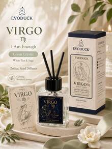 EVODUCK Virgo Zodiac Reed Diffuser 50ml, White Tea & Sage Scented Oil Diffuser With Green Crystal & 4 Fiber Reeds, Flameless Home Fragrance For Bedroom Bathroom Office, Astrology Birthday Gift For Women, Star Sign Room Decor - Flameless Series - View 3