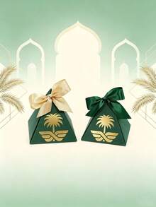 5Pcs Luxury Pyramid Favor Boxes With Palm Tree Pattern And Ribbon Bow, Premium Paper Gift Packaging For Saudi Arabia Theme Parties, Elegant Event Decorations, Boutique Gift Boxes, Holiday Celebrations And Special Occasion Supplies - 7.5X7.5X7.5cm - View 5