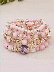 Set Gelang Manik-Manik Merah 4pcs/Set, Manik-Manik Campuran Minimalis dengan Liontin Hati Emas & Pohon Kehidupan, Aksesori Pergelangan Tangan Wanita - Merah - View 16
