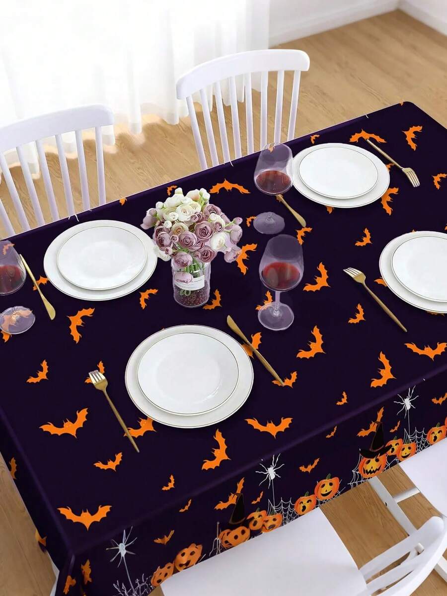 1 Pack Halloween Disposable Plastic Tablecloth, Pumpkin & Ghost Patterns, Cute Yet Spooky Haunted House Style, Indoor & Outdoor Birthday Party Supplies, Halloween Table Decorations - Halloween Party Tablecloth - View 1