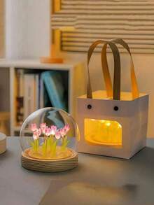 Handmade Tulip Night Light Glass Dome Table Lamp Wooden Base Warm Color LED Colorful Light Bedroom Dorm Bedside Decor Gift For Girls Aesthetic Style Room Decoration, Ideal Gift For Valentine's Day, Mother's Day, Birthday Or Best Friend - Multicolor - View 8