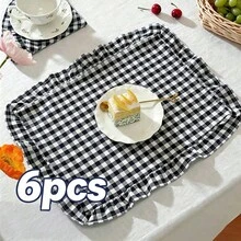 1pc/2pcs/6pcs Korean Style Plaid Placemats, Sweet Princess Style Candy Color Plaid Tablecloth With Ruffle Edge, Cute Food Plate Heat-Insulating Background Mat - Multicolor - View 8