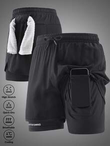 2-In-1 Double Layer Men's Shorts With Built-In Compression Liner, Summer Sports Quick-Dry 3/4 Length Elastic Casual Pants, Boyfriend Black - Black - View 2