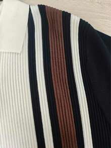 GRDR Men's Vintage Contrast Color Versatile Collared Vertical Striped Knit Long Sleeve - Casual Everyday Wear - Black - View 9