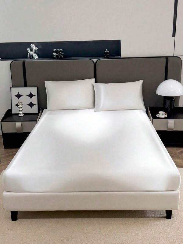 3pcs White Satin Fitted Sheet Set, Includes 1 Fitted Sheet And 2 Pillowcases (Pillow Inserts Not Included), Modern Soft Bedding Set, Suitable For Home Use, Fitted Sheet Depth Up To 11.8 Inches, Satin Pillowcases Soft And Breathable, Anti-Wrinkle, Improve Sleep Quality, Luxury Hotel Style, Ideal Gift For Parents, Friends, Dorm Bedding Or Back To School Season