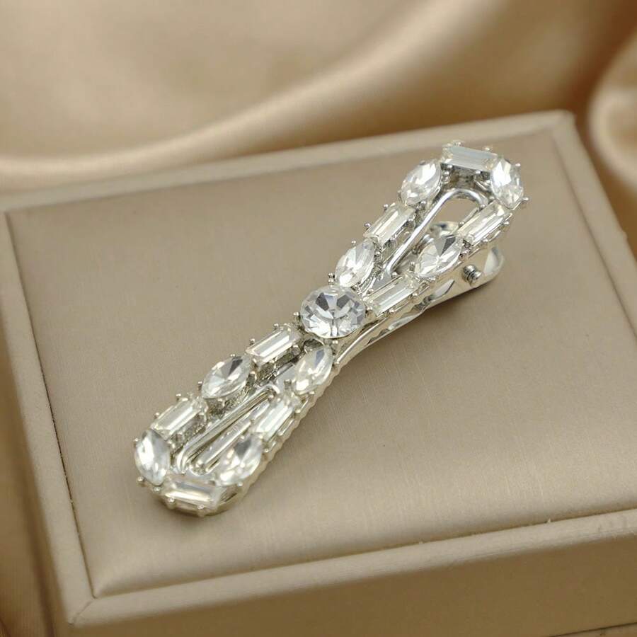 1pc Rhinestone Bow Hair Clip, New Pearl Edge Alligator Hair Clip, Simple Bangs Clip, Hair Accessory - White - View 1