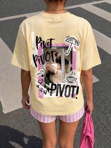 Light Yellow Oversized T-Shirt, Red Logo On Front, Loose Casual Short Sleeve Summer - Yellow - View 4