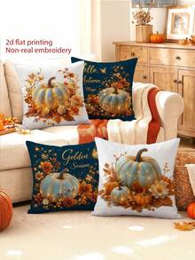4pcs 2D Flat Print Pillow Covers, Multiple Sizes, Non-Embroidered Pumpkin Pattern, Autumn Home Decor Pillowcases, Suitable For Bedroom, Living Room, Sofa, Office, Patio, Car, Pillow Inserts Not Included - Royal Blue - View 4