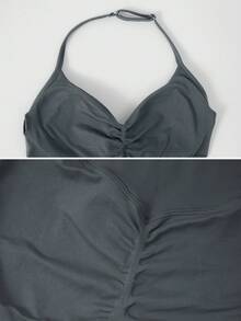 NcmRyu Women's 1pc Solid Color Halter V-Neck Adjustable Strap Ruched Front Open Back Ruched Butt Sports One-Piece Shorts - Dark Grey - View 4