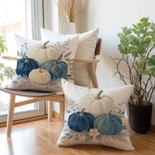 2 Stücke Herbst Minimalistischer Pastoraler Stil Blau & Weiß Kürbis Blumen Kissenbezüge, einseitig Muster, hautfreundliches Pfirsichhaut-Samtmaterial, 45*45CM Kissenbezüge geeignet für Wohnzimmer, Schlafzimmer, Innendekoration, Party, Sofa Dekoration, dekorative Kissenbezüge, Feiertagsgeschenk, ohne Kissenfüllung - Verschiedenfarbig - Übersicht 3