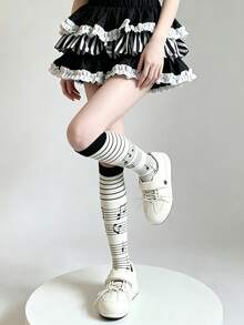 STAR RIVER 1 Pair Y2K Subculture Cream White Fun Musical Note Calf Socks, Lolita Girls Mid-Calf Socks, Back To School - Multicolor - View 4