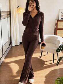 Women Two-Piece Outfits - Coffee Brown - View 2