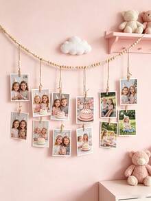 1pc Photo Banner With 12 Wooden Clips, Hanging Wooden Bead Photo Display Rack, Wooden Bead Garland, Suitable For Baby Essentials, Newborn Essentials - Multicolor - View 2