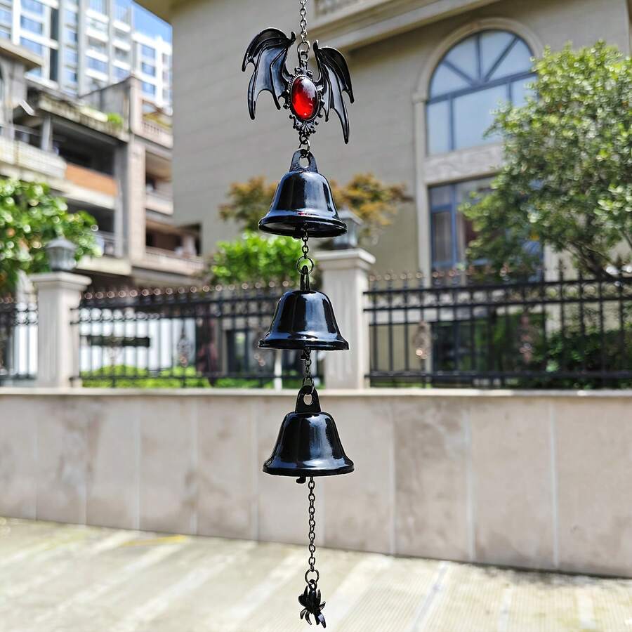 1pc Gothic Bat Wind Chime Hanging Decor, Black Metal Bell With Spider Pendant, Dark Aesthetic Halloween Home Garden Porch Yard Outdoor Decoration - Bat - View 1