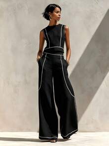 Summer 2026 New Imitation Linen Style Sleeveless Vest Top And Wide Leg Pants Set, Relaxed Fit Casual Vacation Outfit Hustle&Haze - Green - View 4