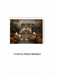 1 pieza Impresión en lienzo de arte de pared de casa embrujada de Halloween sin marco, póster de paisaje primitivo de otoño con calabaza, decoración rústica de granja de otoño para apartamento, sala de estar, dormitorio, dormitorio universitario, regreso a la escuela, pósteres divertidos, decoración vintage, regalo único - Casa embrujada - Ver 11
