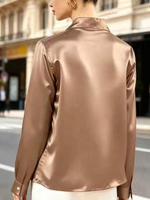 Blusa elegante de mujer con cuello de volantes y manga larga, diseño de unicolor para vacaciones, chic & elegante - Marrón Mocha - Ver 4