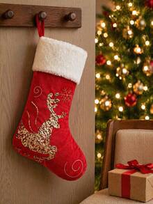 1pc Red Christmas Stocking With White Trim, 18-Inch Stocking, Large Plush Stocking With Reindeer And Snowflake Patterns, Christmas Tree Holiday Party Decoration, For Home Holiday Christmas Party Decorations (Red And Gold Glitter Reindeer) - Multicolor - View 5