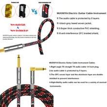 High-Quality Guitar Cable, 6.35mm 1/4 Inch Straight To Right Angle Mono Braided Instrument Professional Cable, High-Purity Oxygen-Free Copper, Multi-Compatible, Double-Layer Shielded Braided Mesh, Suitable For Bass, Keyboard, Amplifier, Mixer, Electric Guitar, Mandolin, - Black/Red Braided Mesh, Suitable For Valentine's Day Gift - Red - View 5