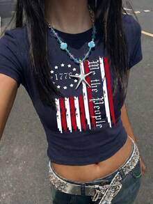 Y2K Retro Short Sleeve Slim Fit Flattering Flag Print Cropped Top For Women - Navy Blue - View 1